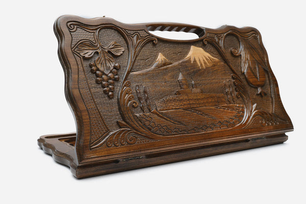 Carved beechwood backgammon board with Mount Ararat and Khor Virap monastery, with a carry handle, propped open