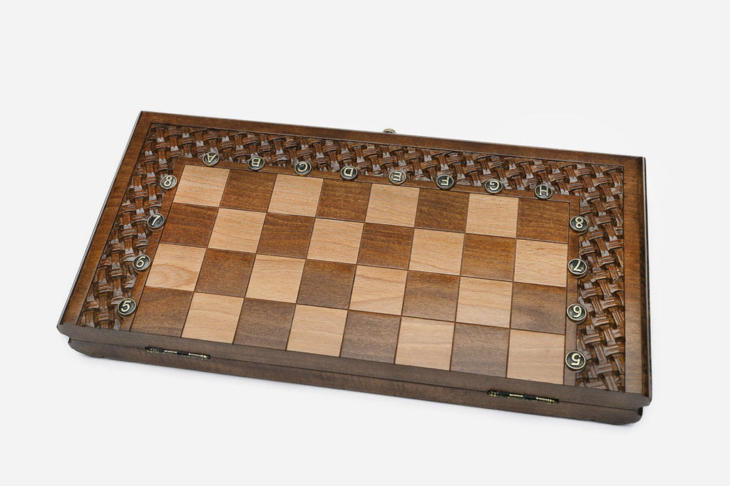 Handmade walnut chess set, folded view