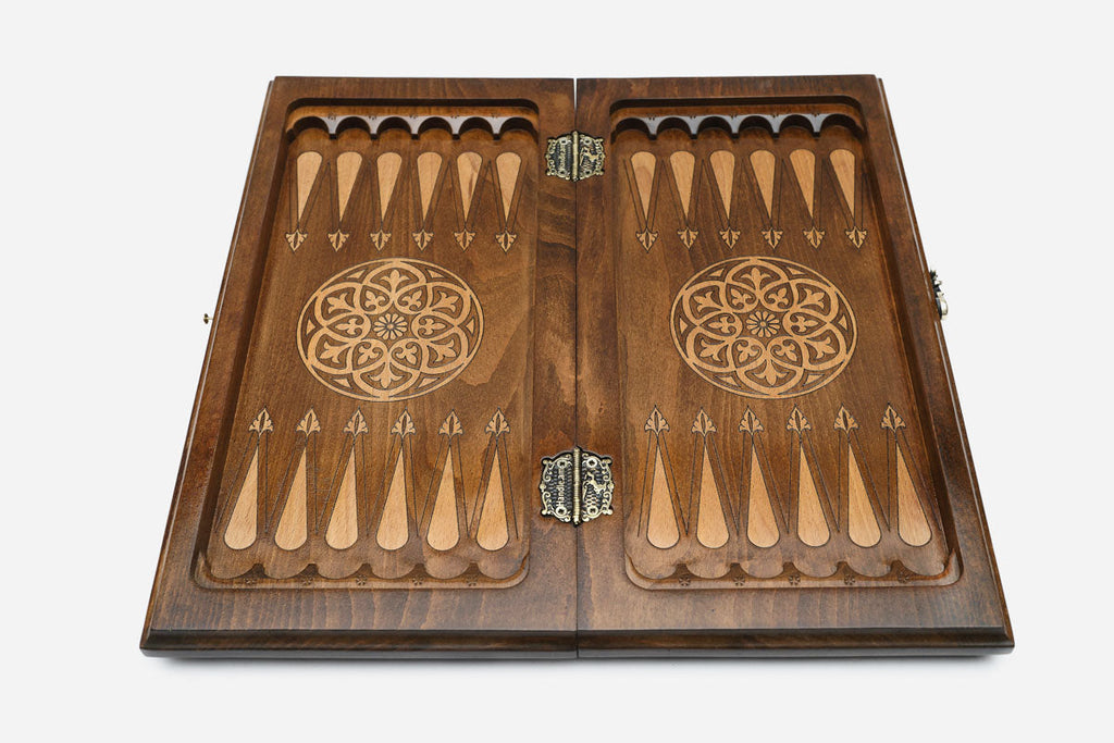 Walnut chess backgammon set with bronze clasps