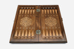 Walnut chess backgammon set with bronze clasps