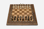 Walnut lattice chess and backgammon set shown folded