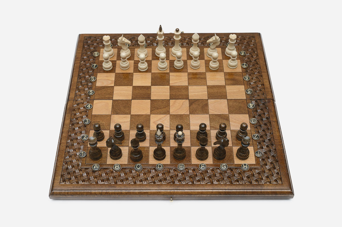 Walnut lattice chess and backgammon set shown folded