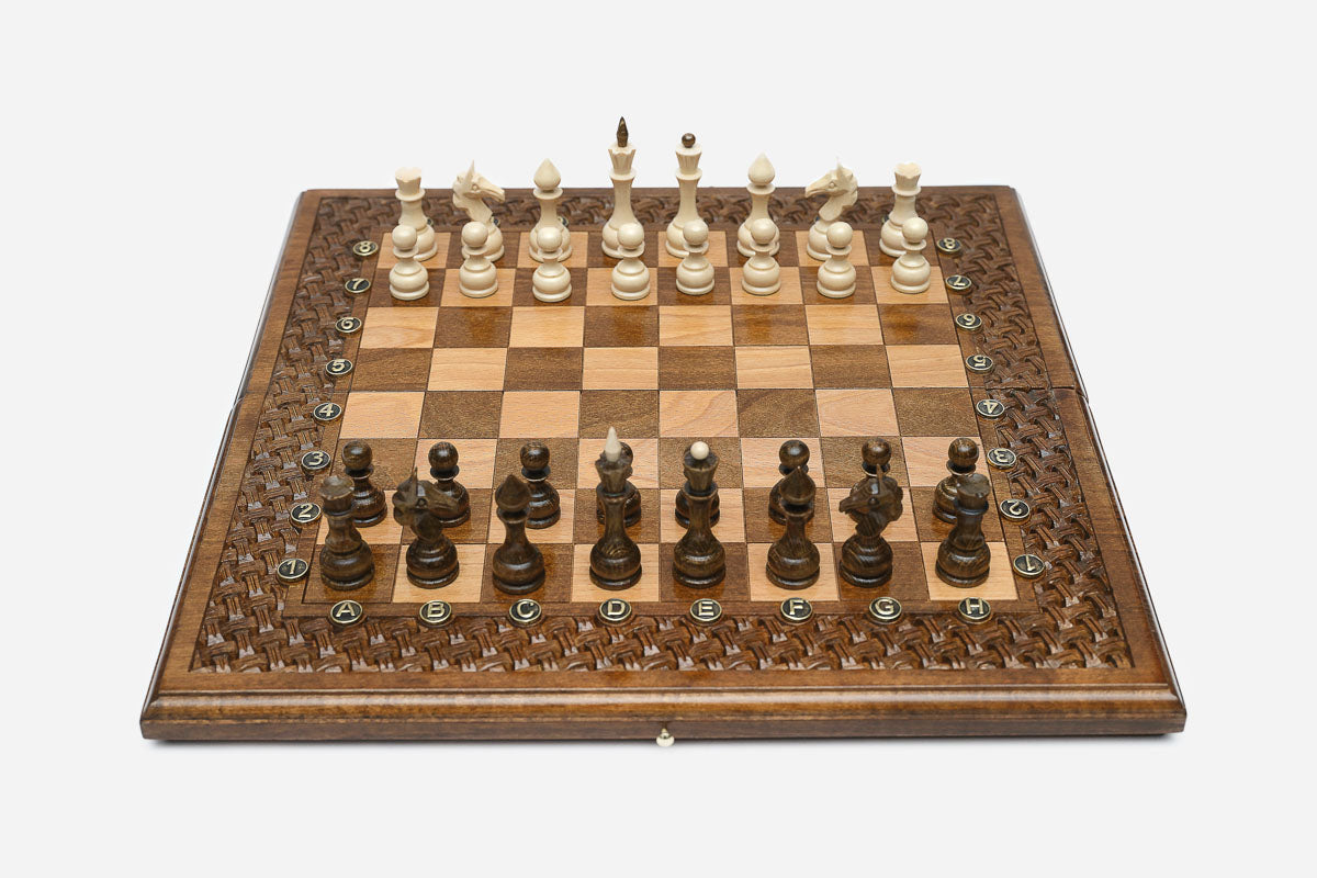 Luxury walnut chess set with hand-cut lattice