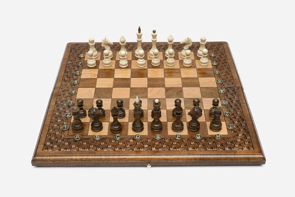 Luxury walnut chess set with hand-cut lattice