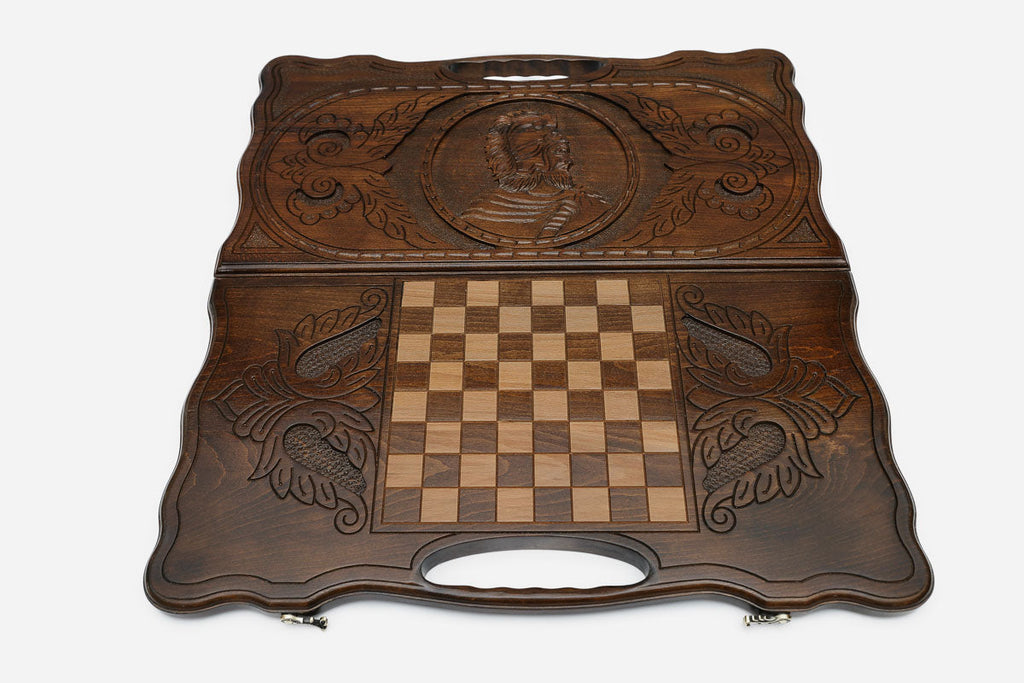Angled view of the Vardan Mamikonyan carved backgammon board