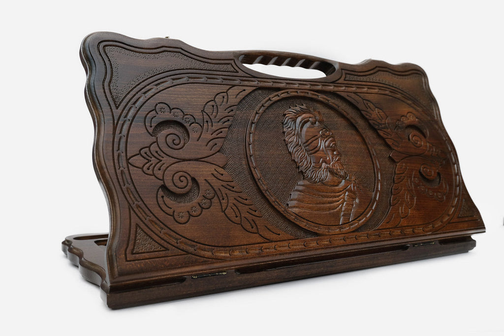 Carved beechwood backgammon board with a portrait of Vardan Mamikonyan and a carry handle, propped open