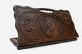Carved beechwood backgammon board with a portrait of Vardan Mamikonyan and a carry handle, propped open