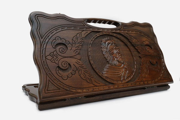 Carved beechwood backgammon board with a portrait of Vardan Mamikonyan and a carry handle, propped open