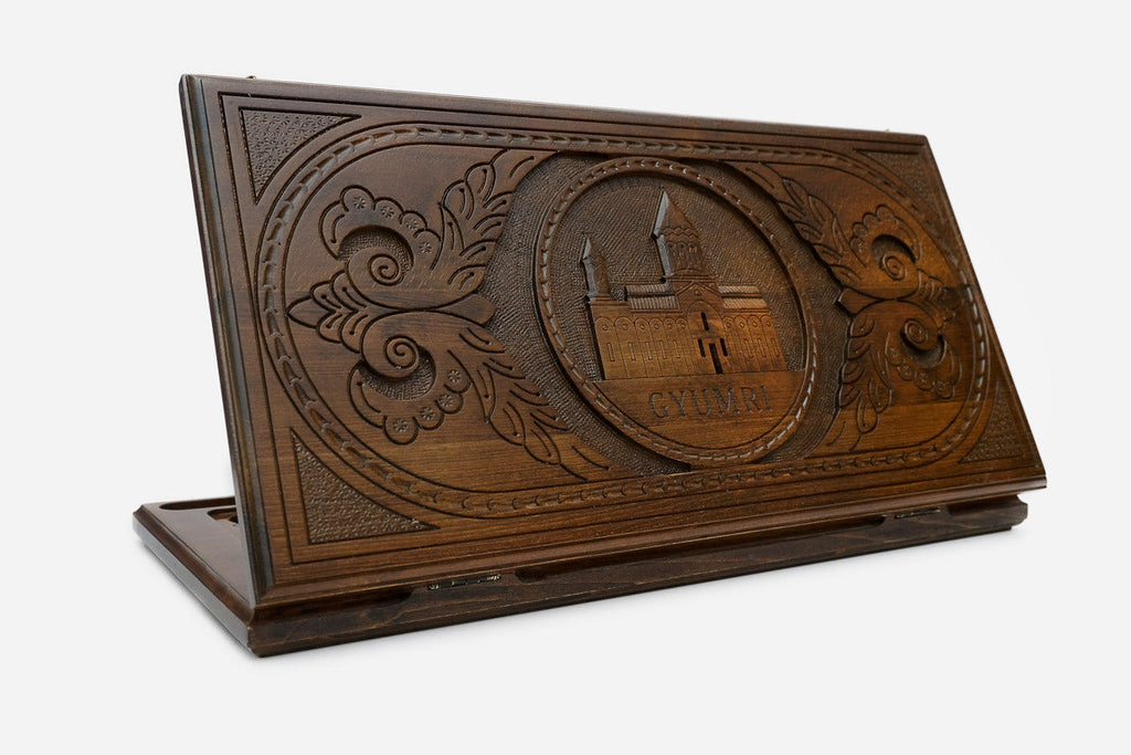 Armenian backgammon set carved with the Church of the Holy Saviour