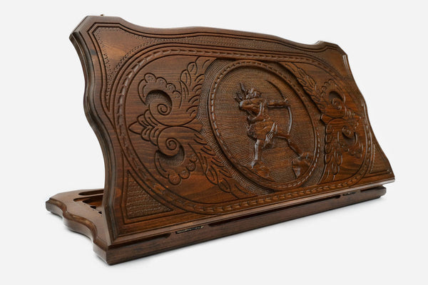 Armenian backgammon set carved with Hayk the Patriarch drawing his bow