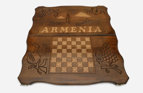 Armenia backgammon set folded, carved inscription showing