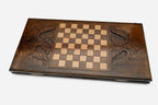 Wooden backgammon set interior with carved points