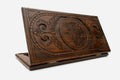 Wooden backgammon set hand carved with a watchful lynx