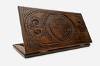 Wooden backgammon set hand carved with a watchful lynx