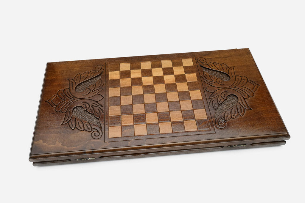 Wooden backgammon set interior with carved points