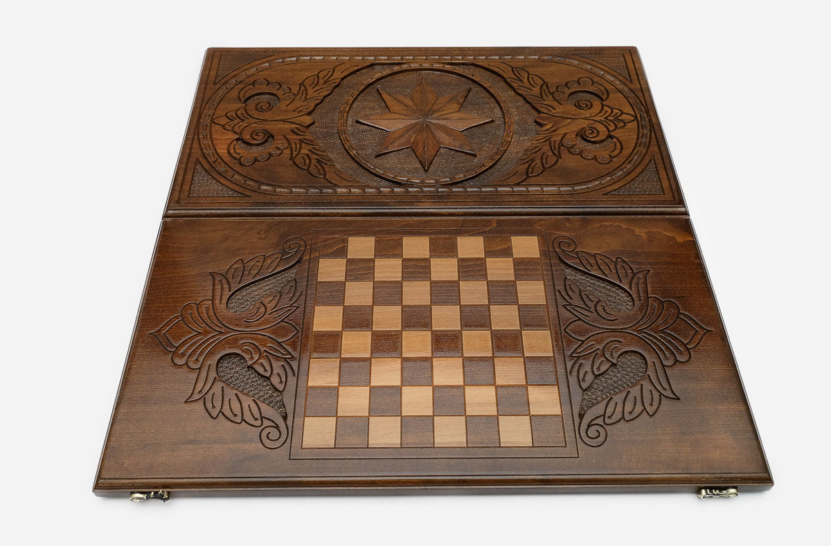 Octagon backgammon set folded, carved tessellation showing