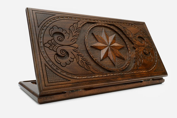 Wooden backgammon set hand carved with interlocking octagons