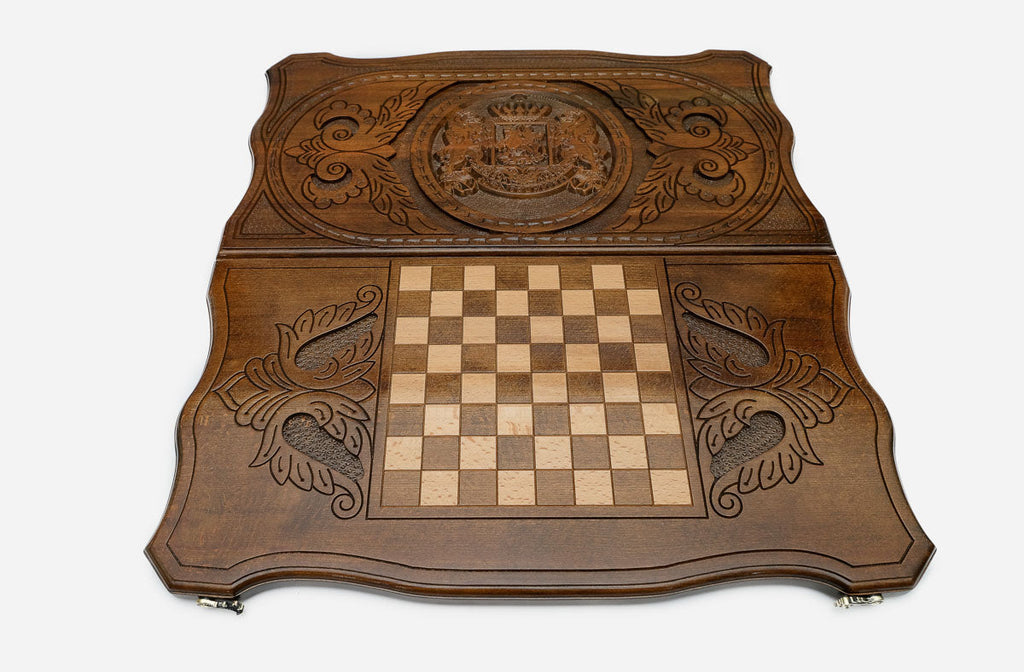 Georgian coat of arms backgammon set folded, carved lions showing