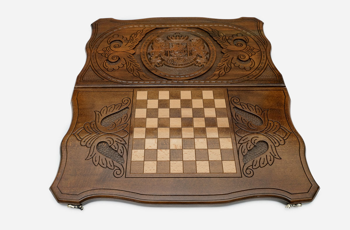 Georgian coat of arms backgammon set folded, carved lions showing
