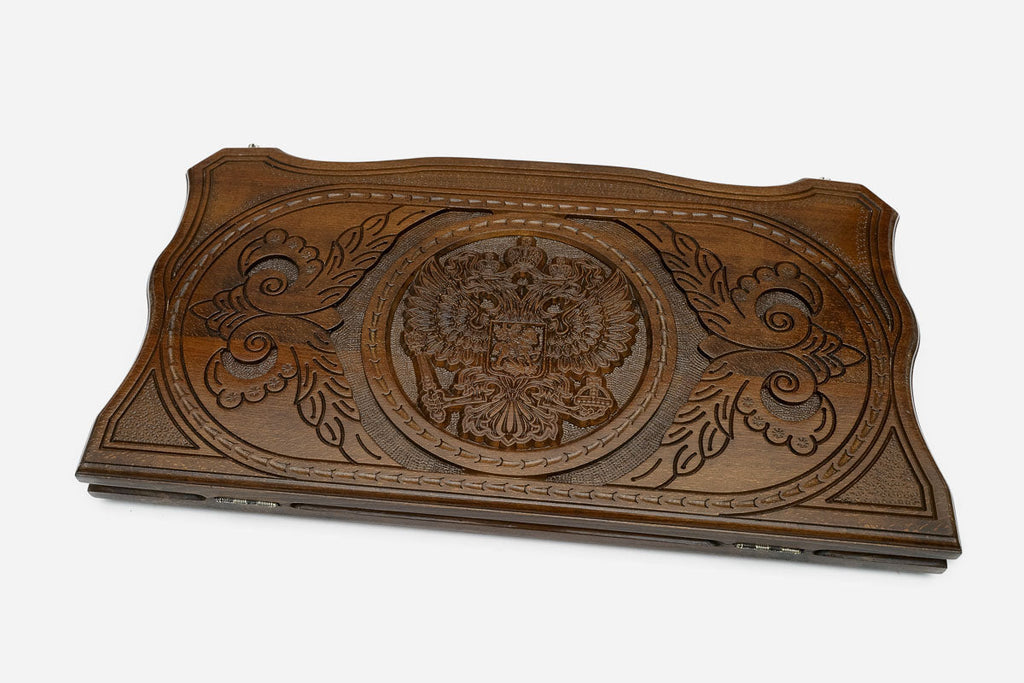 Double-headed eagle Russian backgammon set with checkers and dice