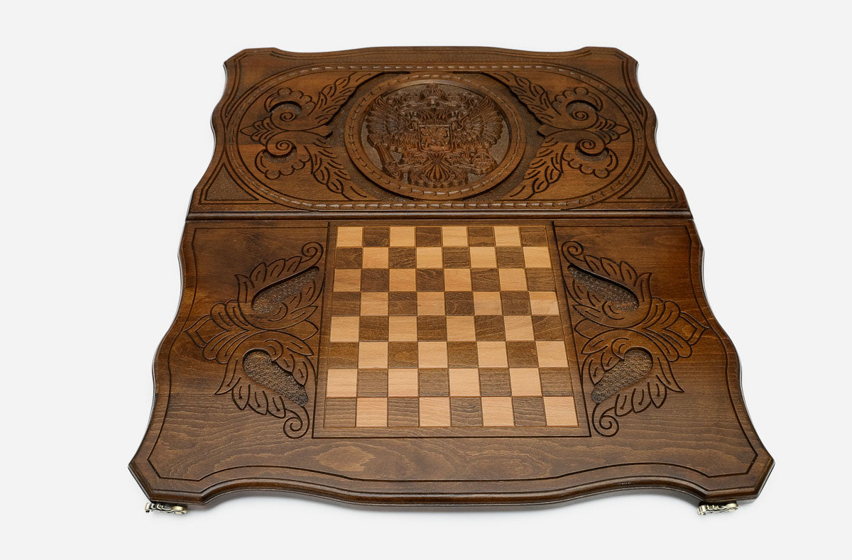 Double-headed eagle backgammon set folded, spread wings showing