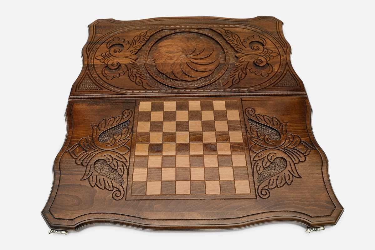 Arevakhach backgammon set folded, carved sun-cross showing