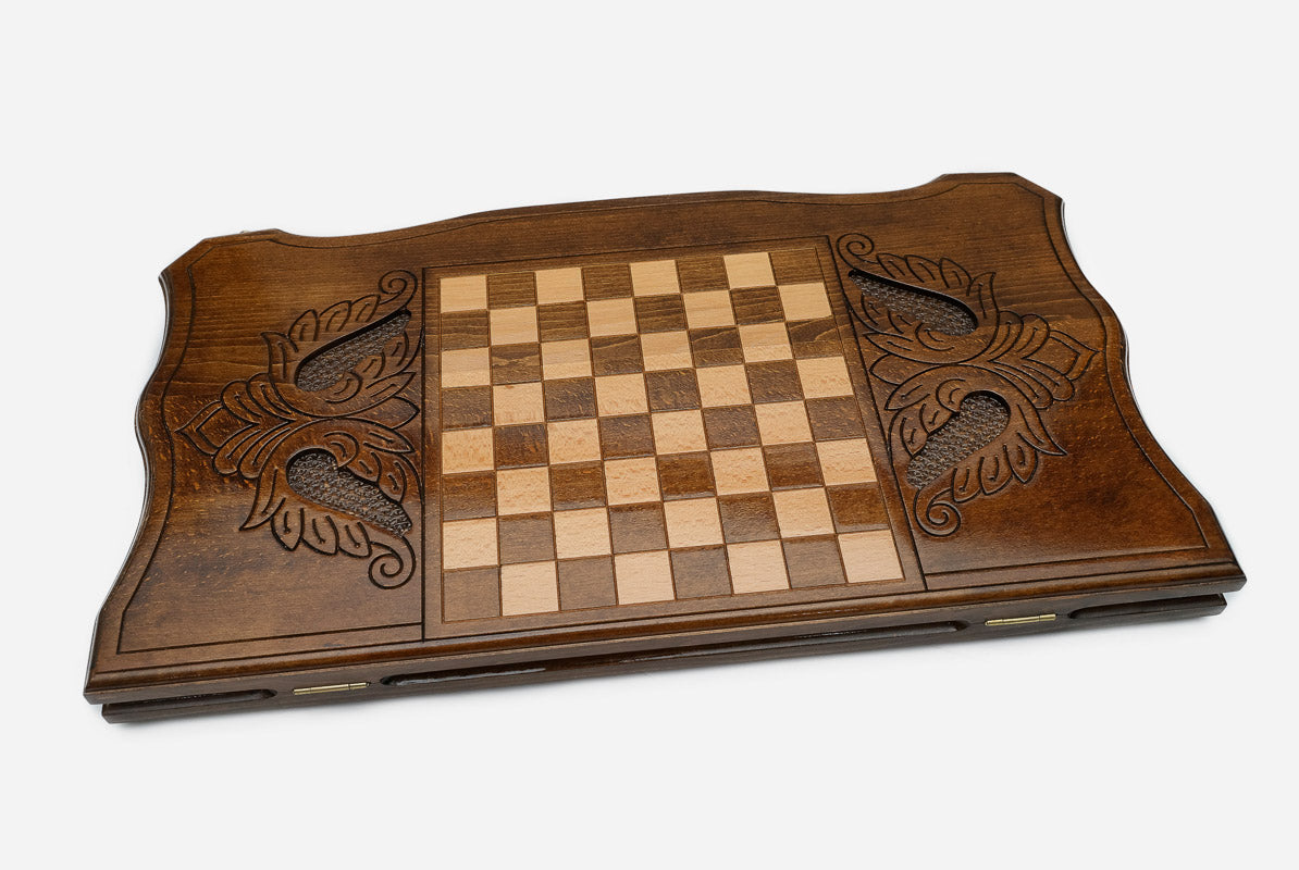 Wooden backgammon set interior with carved points