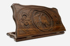 Wooden backgammon set hand carved with a howling wolf