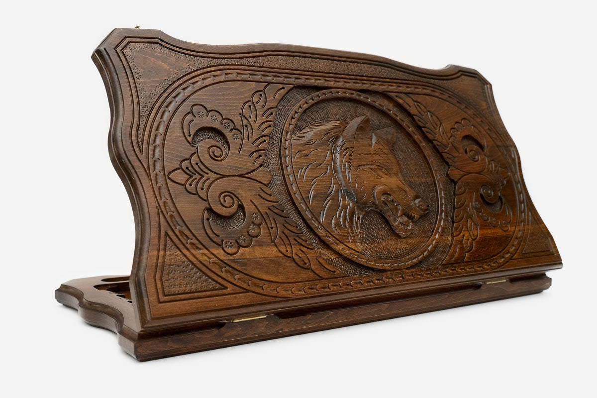 Wooden backgammon set hand carved with a howling wolf