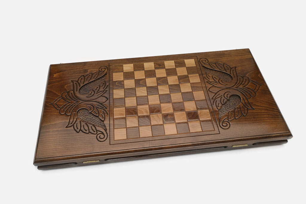 Wooden backgammon set interior with carved points