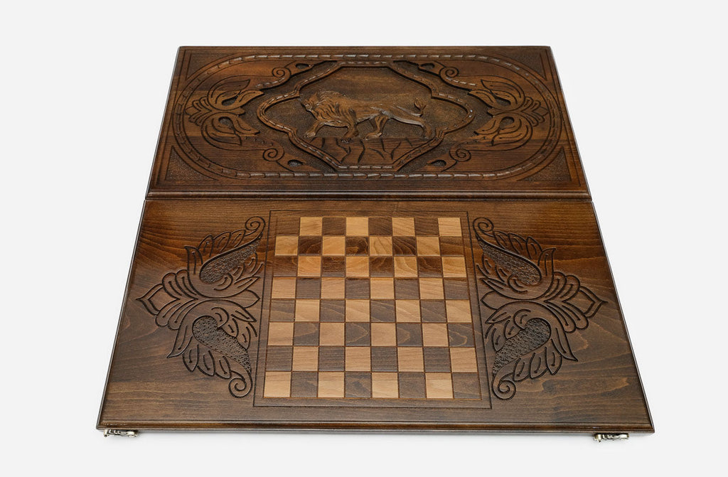 Roaring lion backgammon set folded, open jaws showing