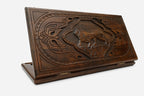 Wooden backgammon set hand carved with a roaring lion