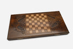 Wooden backgammon set interior with carved points