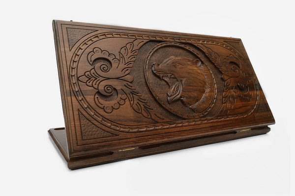Wooden backgammon set hand carved with a wandering bear