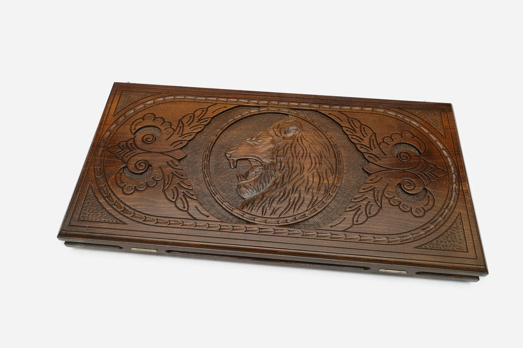 Sunburst lion backgammon set with checkers and dice