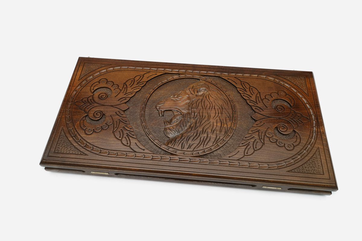 Sunburst lion backgammon set with checkers and dice