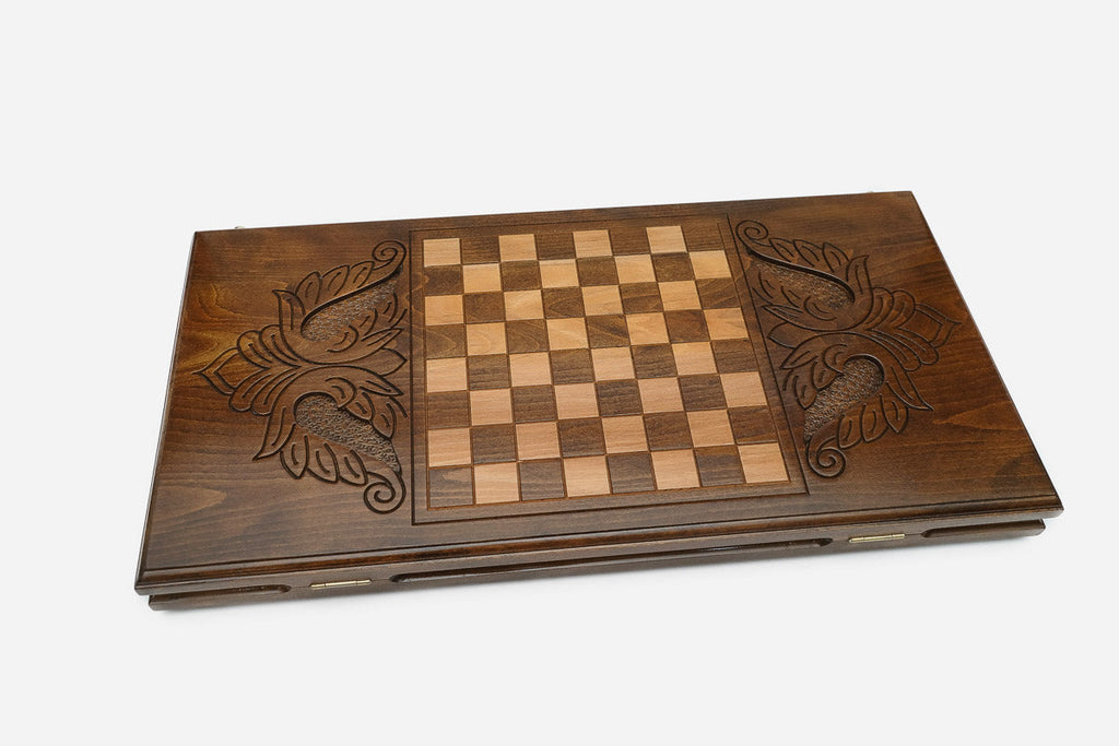 Wooden backgammon set interior with carved points