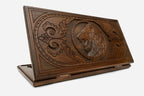 Wooden backgammon set hand carved with a face-on sunburst lion
