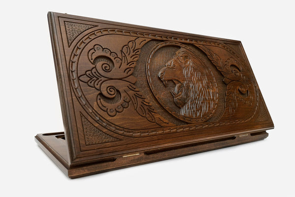 Wooden backgammon set hand carved with a face-on sunburst lion