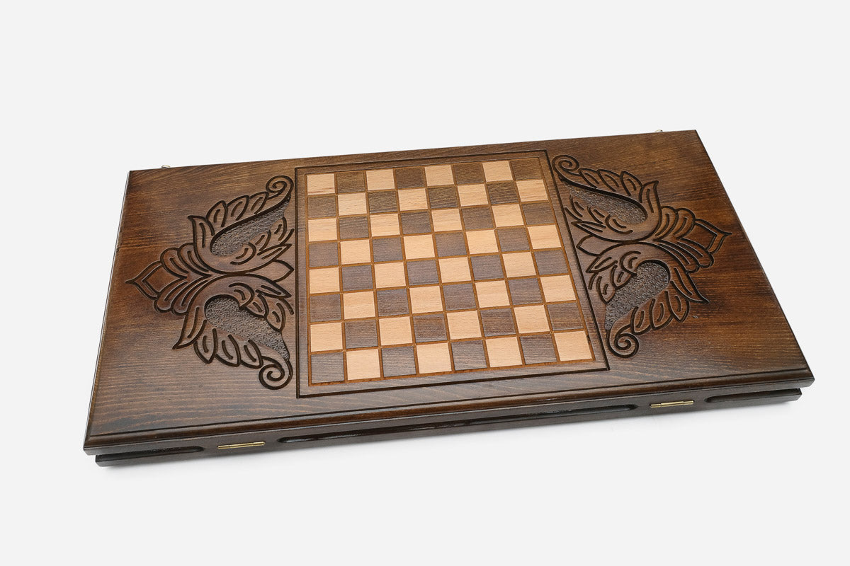 Wooden backgammon set interior with carved points