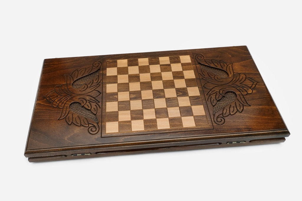 Wooden backgammon set interior with carved points
