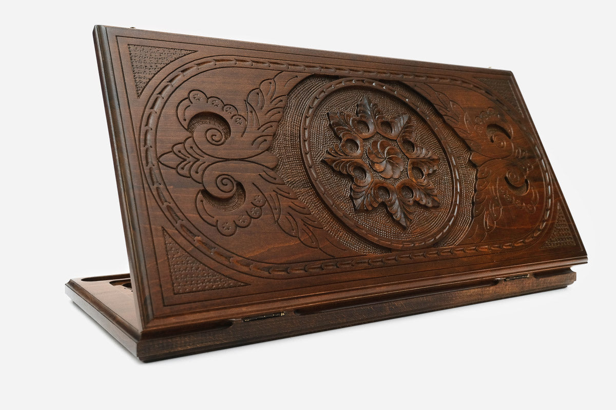 Wooden backgammon set hand carved with a crystalline snowflake