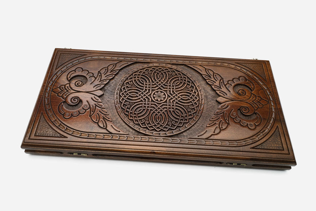 Armenian ornament backgammon set with 32 beech and walnut checkers, dice and carrying bag