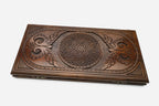 Armenian ornament backgammon set with 32 beech and walnut checkers, dice and carrying bag
