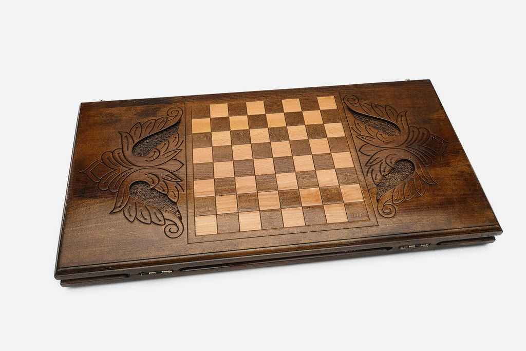 Armenian backgammon set open to the 23.6 inch / 60 cm nardi playing field