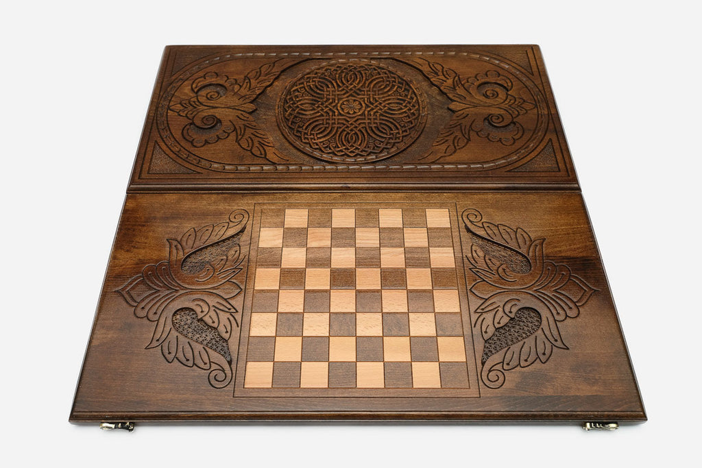 Traditional Armenian ornament hand-carved in wood - backgammon board detail