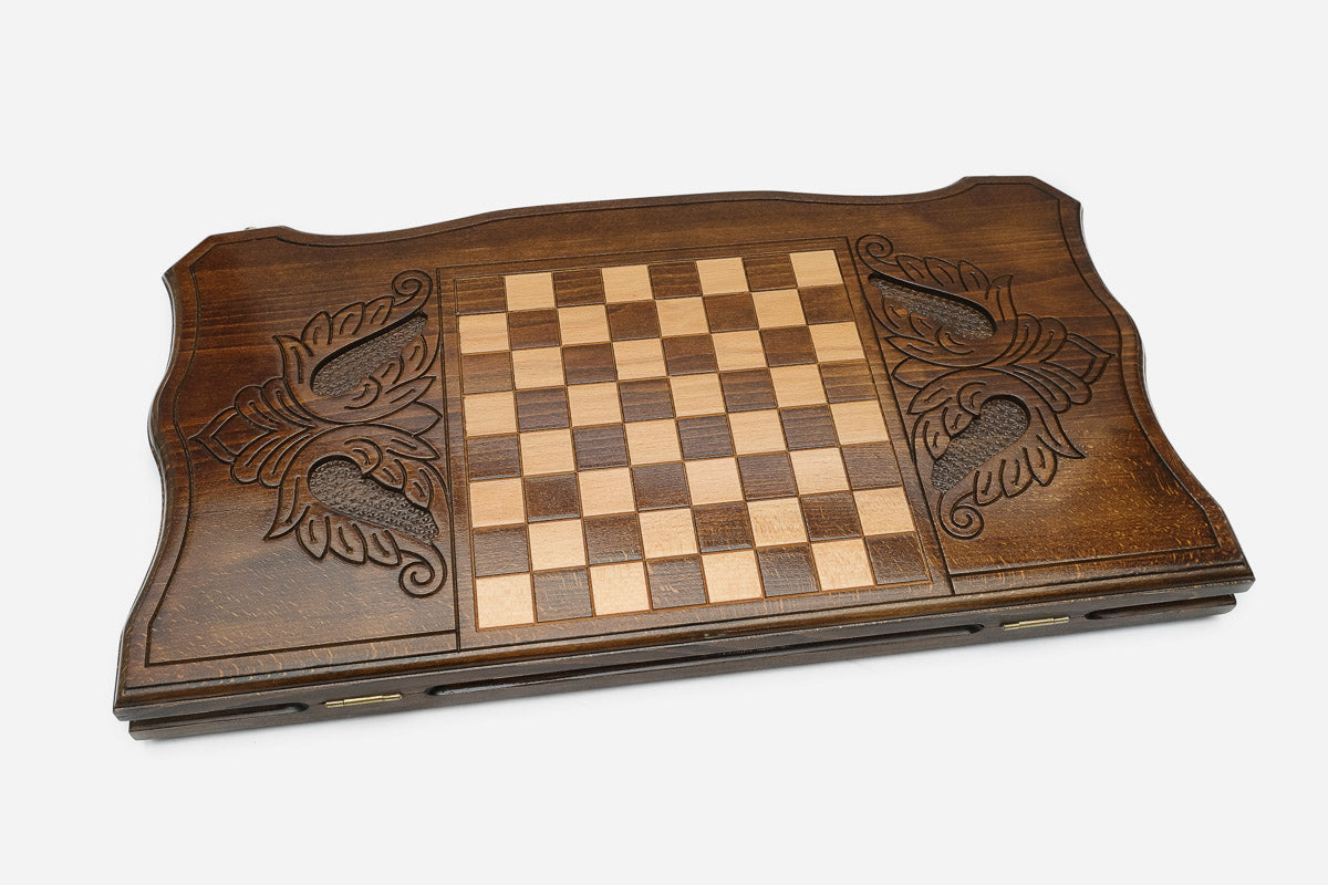Wooden backgammon set open to the 23.6 inch / 60 cm nardi playing field