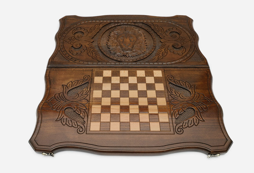 Resting lion with full mane hand-carved in wood - backgammon board lid