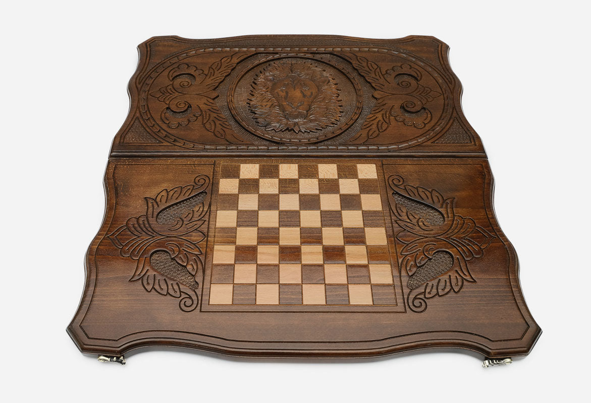 Resting lion with full mane hand-carved in wood - backgammon board lid