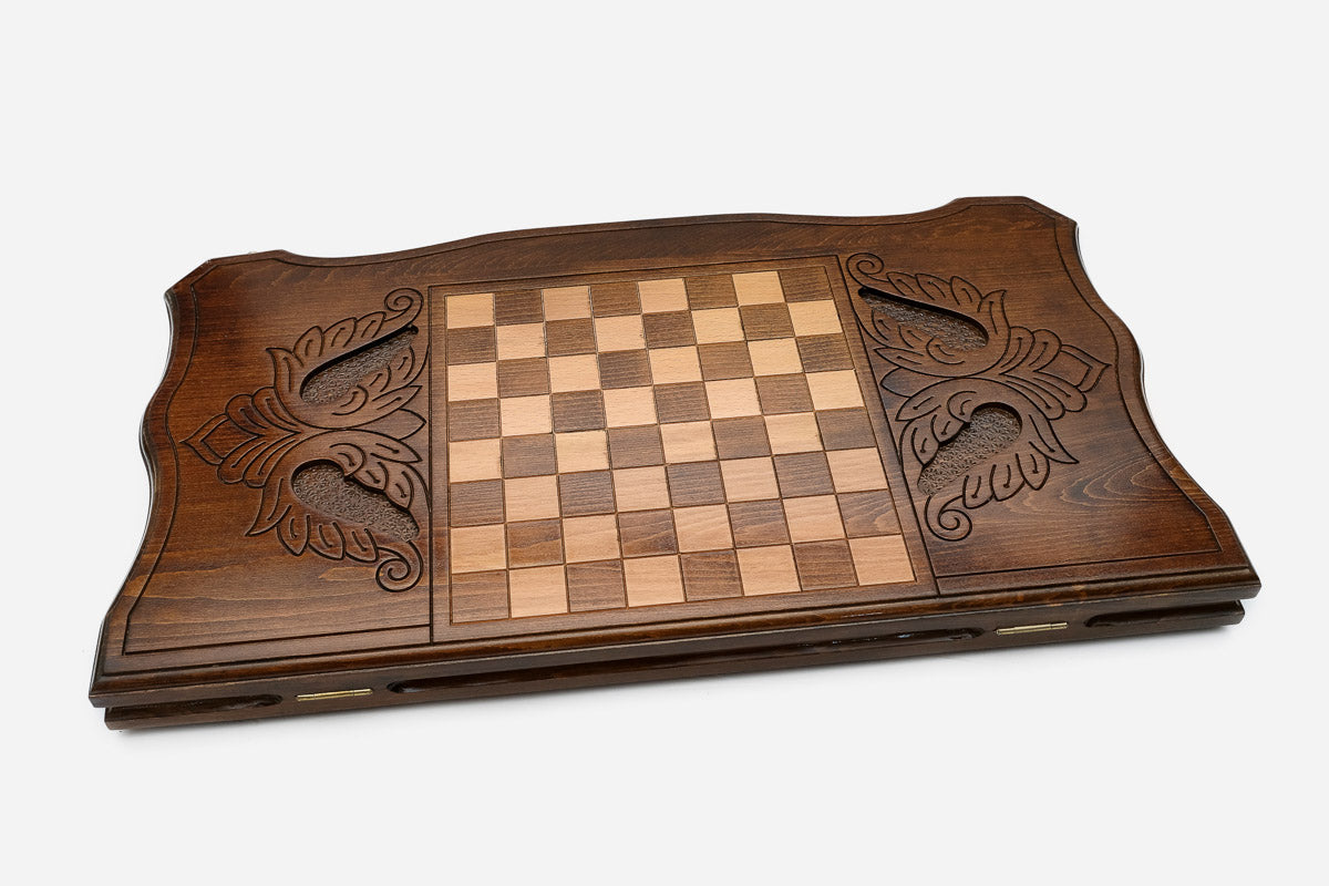 Wooden backgammon set open to the 23.6 inch / 60 cm nardi playing field